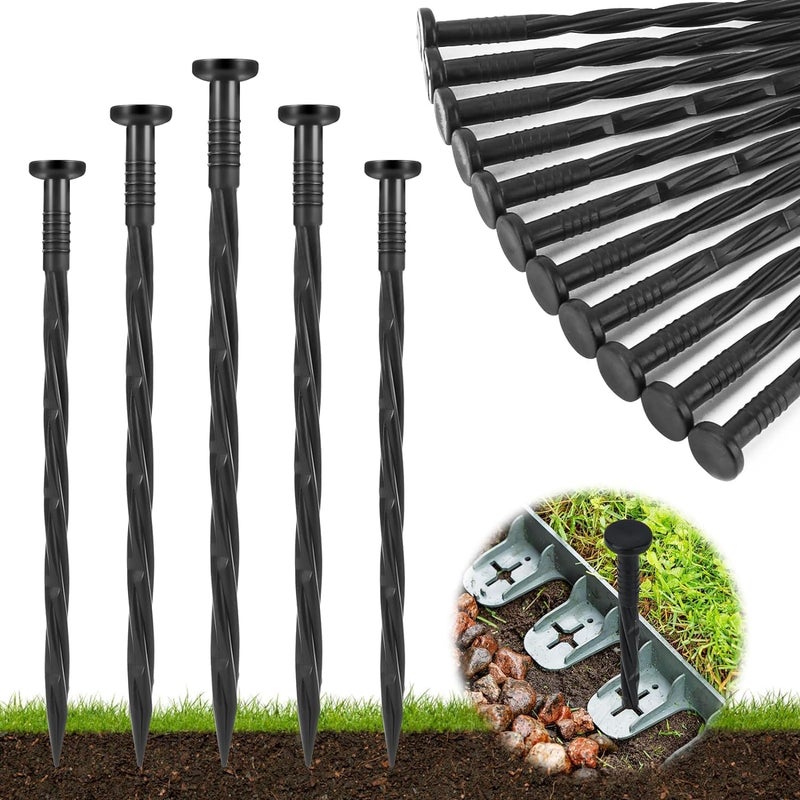 Garaook Landscape Edging Stakes, 200 Pcs 8" Plastic Garden Spikes, Spiral Nylon Anchoring Spikes for Paver Edging, Weed Barriers, Artificial Turf, Tent, Grass Pathway and More, Black - Image 1